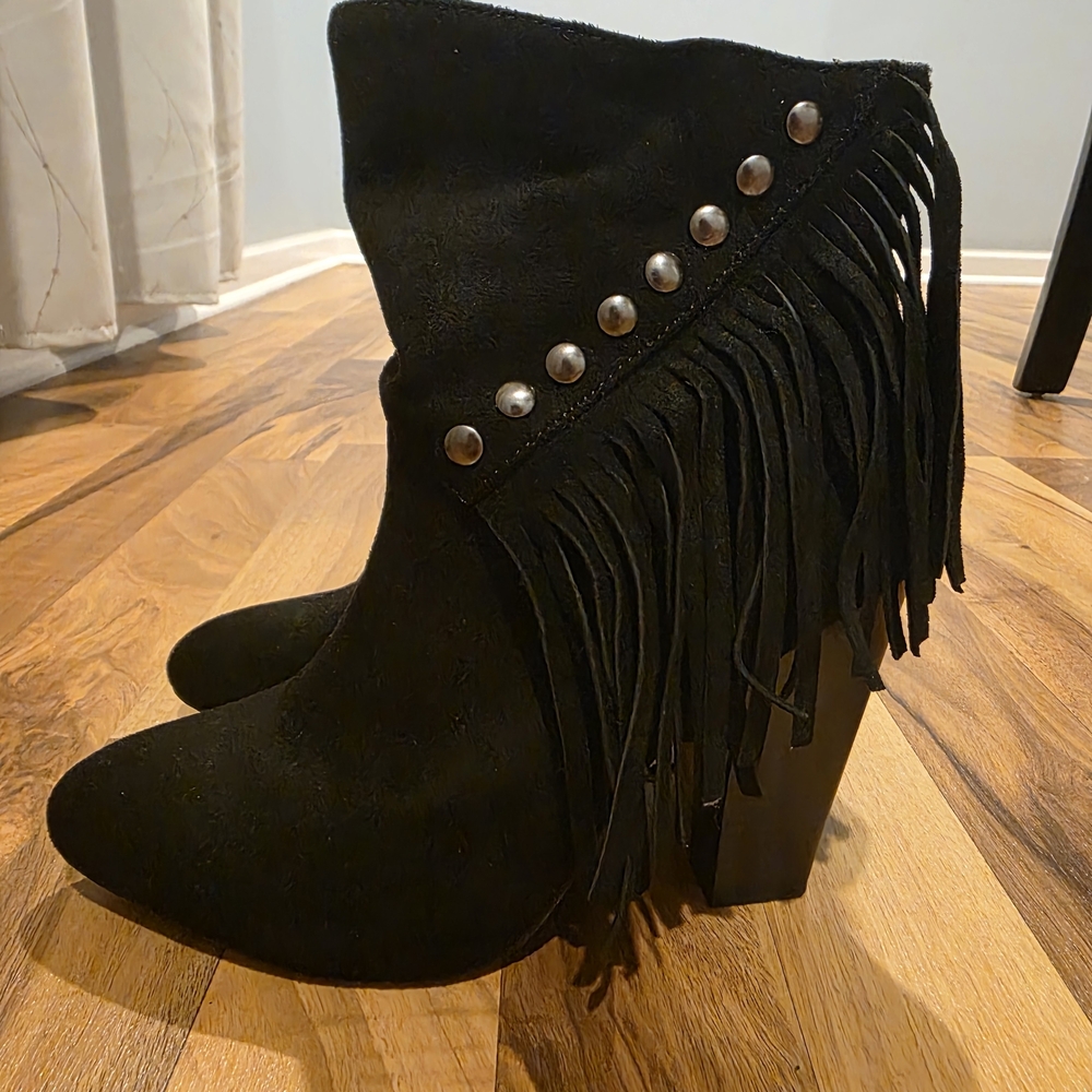 Black Fringe Heeled Boots